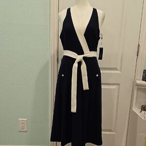 Tommy Hilfiger Navy Blue and White Plunge Midi Dress